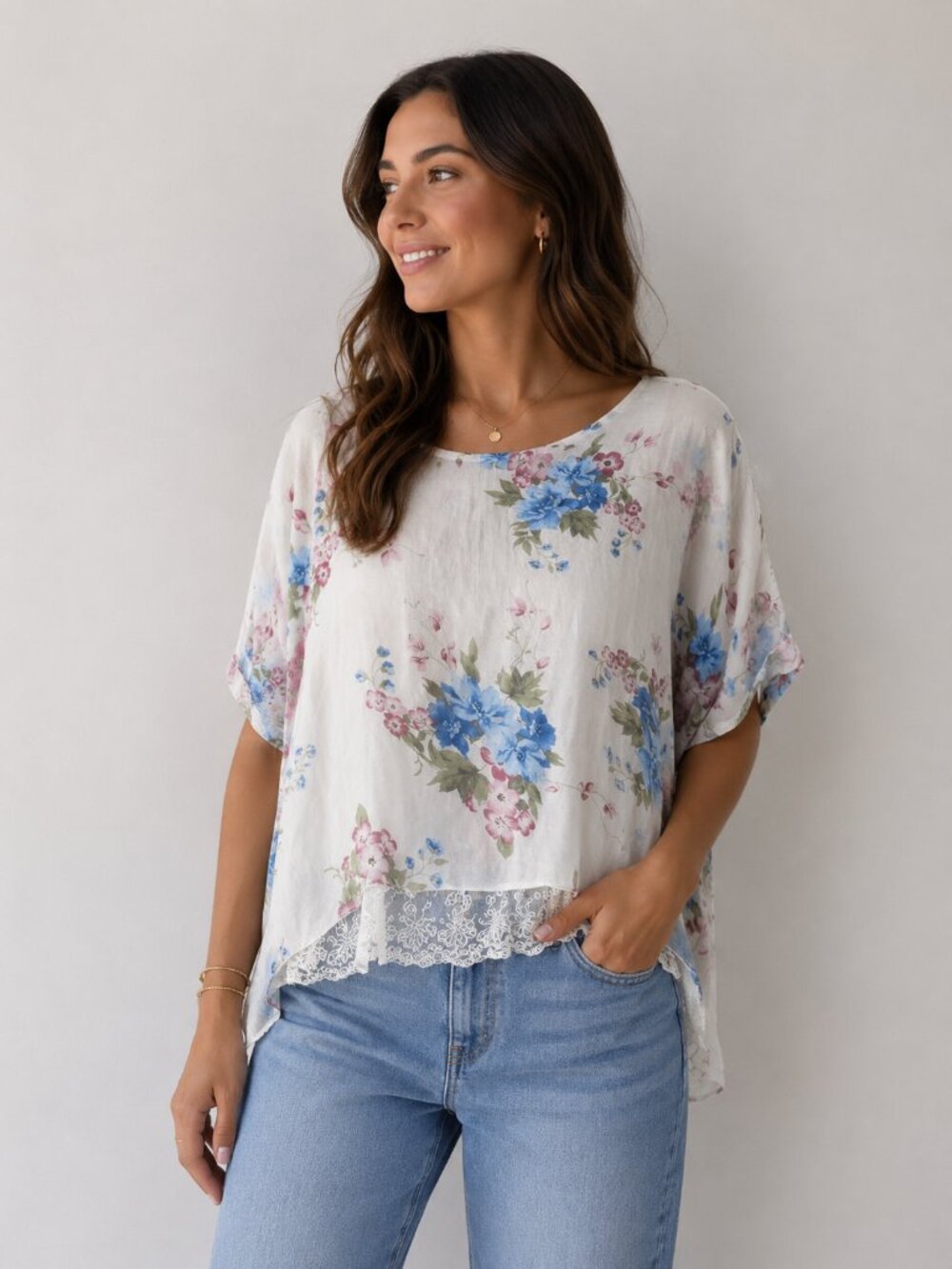 Viola Borghi Italy 100% Silk Floral Blouse Lace Hem Oversized Small